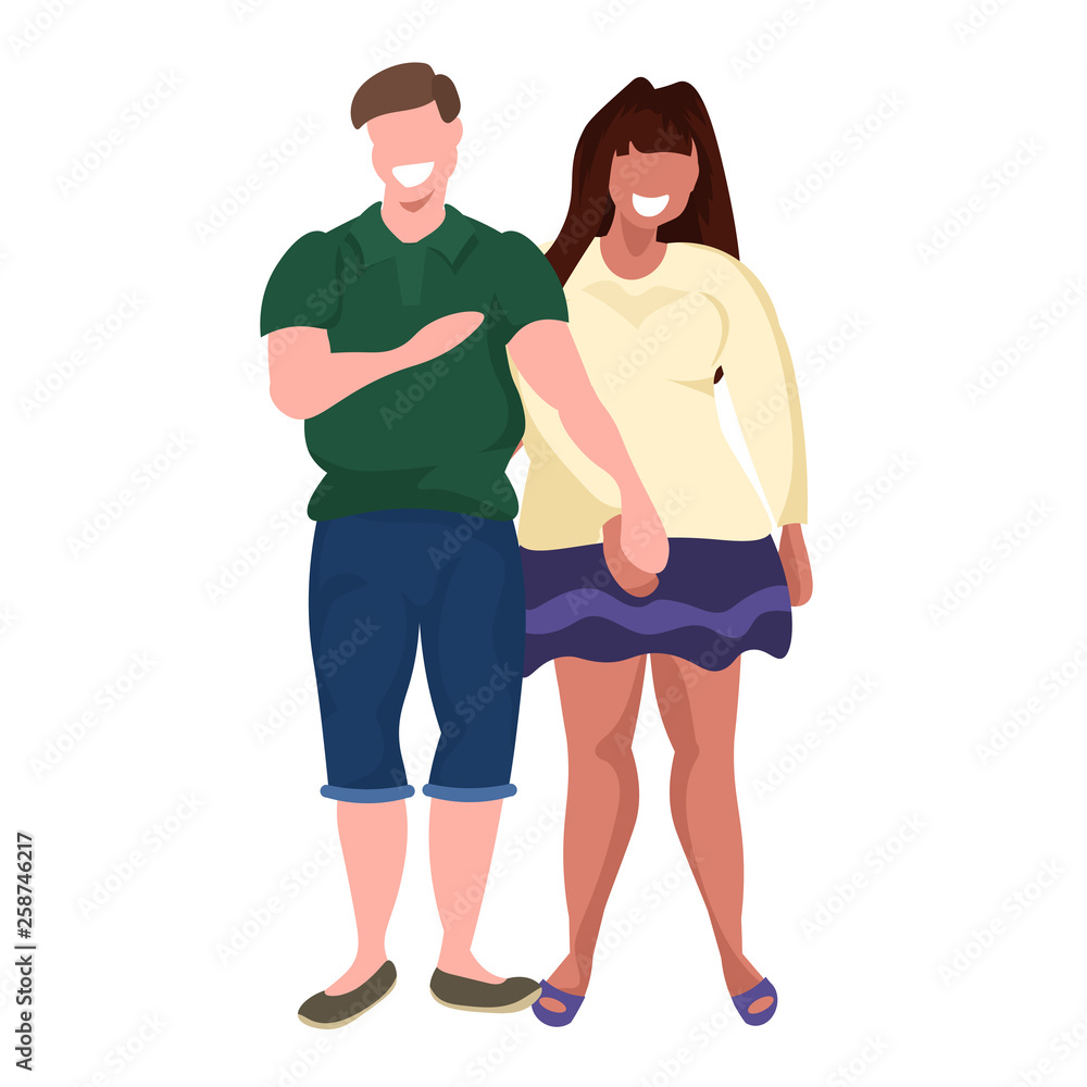 fat obese couple standing together smiling overweight casual man woman obesity concept male female cartoon characters full length flat white background