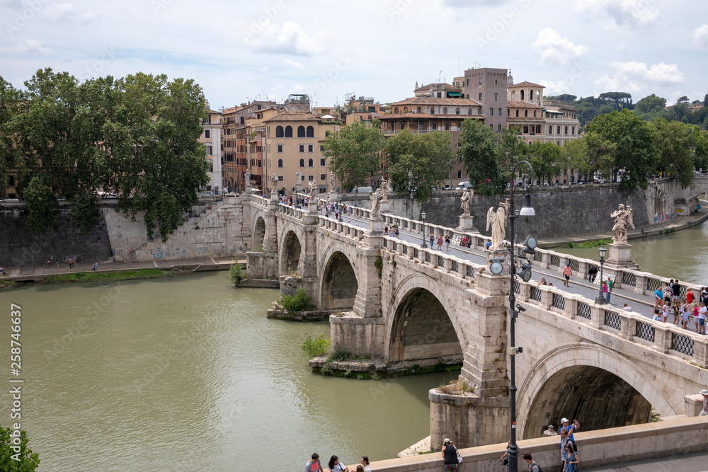 Panoramic view on the bridge of Castel Sant'Angelo and river Tiber