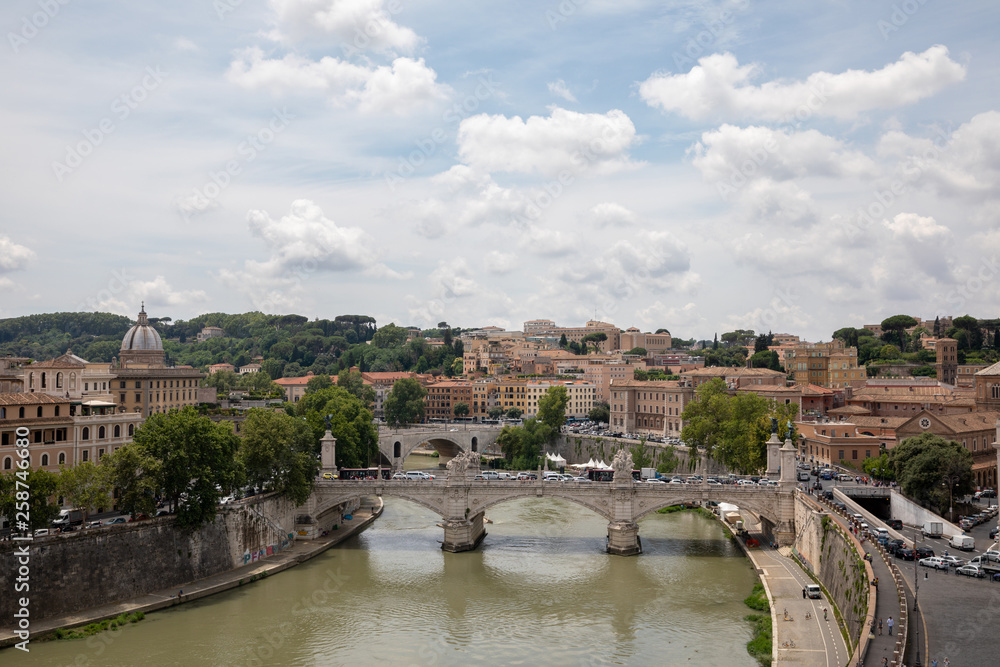Panoramic view on the Papal Basilica of St. Peter in the Vatican and river Tiber