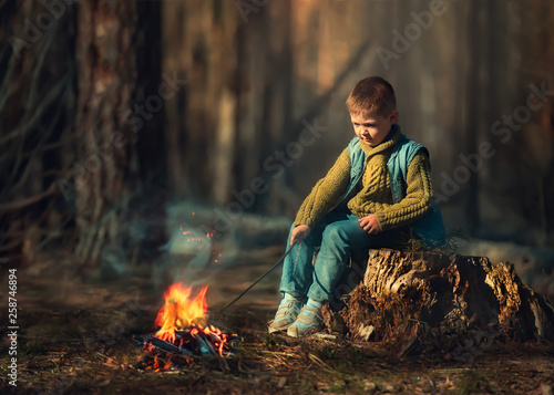 A little handsome boy in a knitted sweater and denim jacket without sleeves sits on a stump and looks at the burning fire.