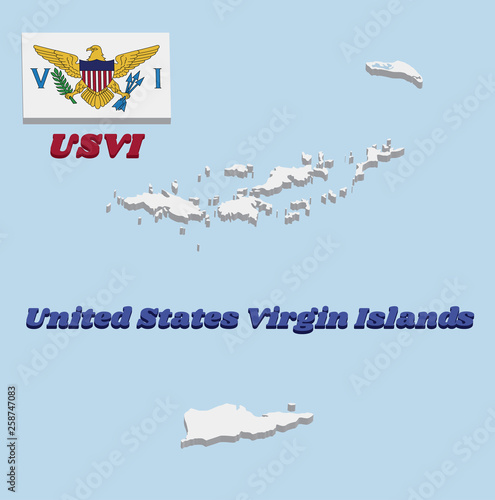 3d Map outline and flag of Virgin Islands, the coat of arms of the United States between the letters V and I.