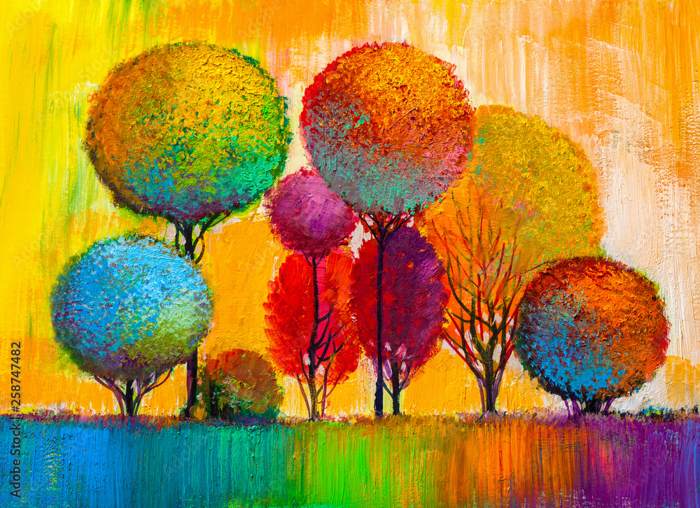 Oil painting landscape, colorful trees. Hand Painted Impressionist, outdoor landscape.