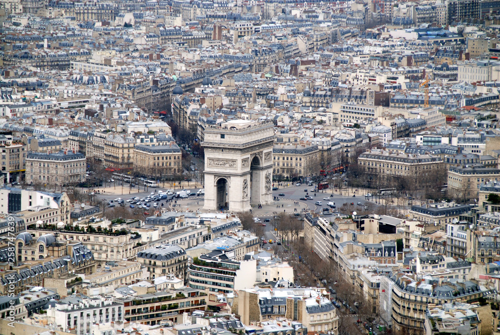 view from Eiffel Tower ofer Arc de Triomphe and Champs Elysee