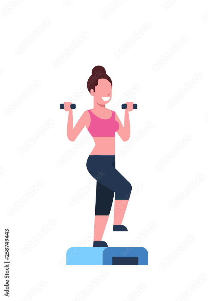 sporty woman holding dumbbells doing squats on step platform girl training in gym aerobic workout healthy lifestyle concept flat white background vertical sporty woman holding dumbbells doing squats on step platform girl training in gym aerobic workout healthy lifestyle concept flat white background vertical