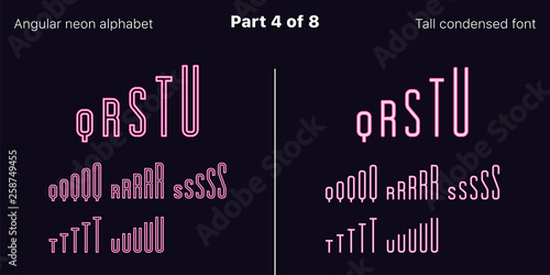 Condensed pink neon font, Angular. Vector set