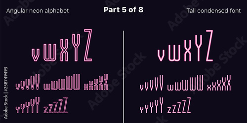 Condensed pink neon font, Angular. Vector set