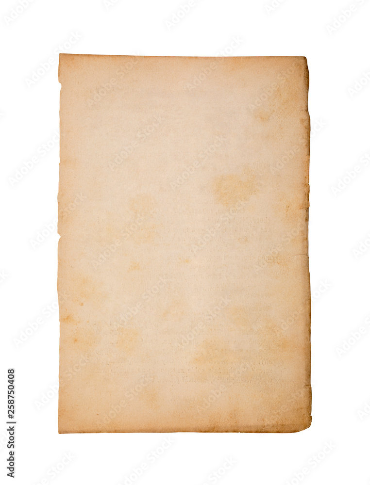 Old and dirty sheet of paper isolated on white background with clipping path 