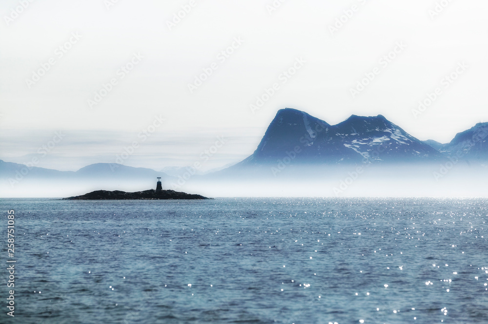 maritime fairway with navigation mark in the Vesteralen Islands, arctiac waters of northern Norway, Scandinavia