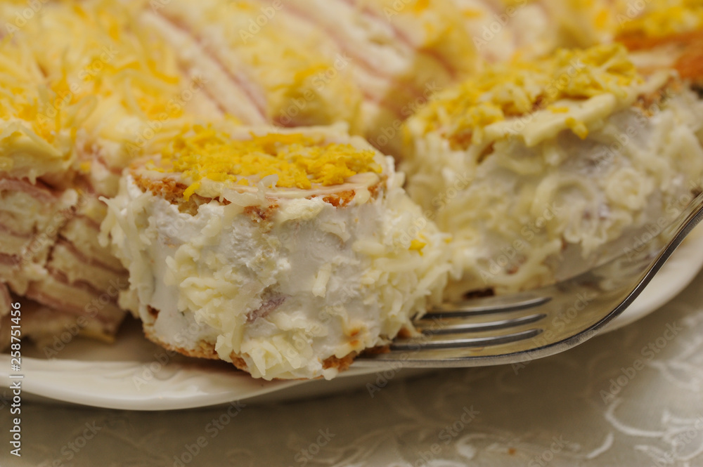 .A deliciously salty appetizer with cheese served on a plate. Tasty meal served on a plate. .A deliciously salty appetizer with cheese served on a plate. Tasty meal served on a plate.