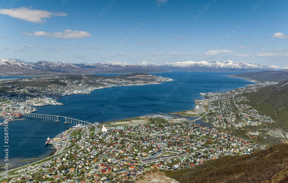 spectacular view over over Tromsoe and Tromsoe fjord in early spring, northern Norway, Scandinavia, Europe