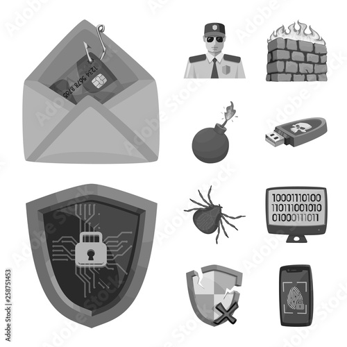 Vector design of virus and secure sign. Set of virus and cyber stock symbol for web. photo