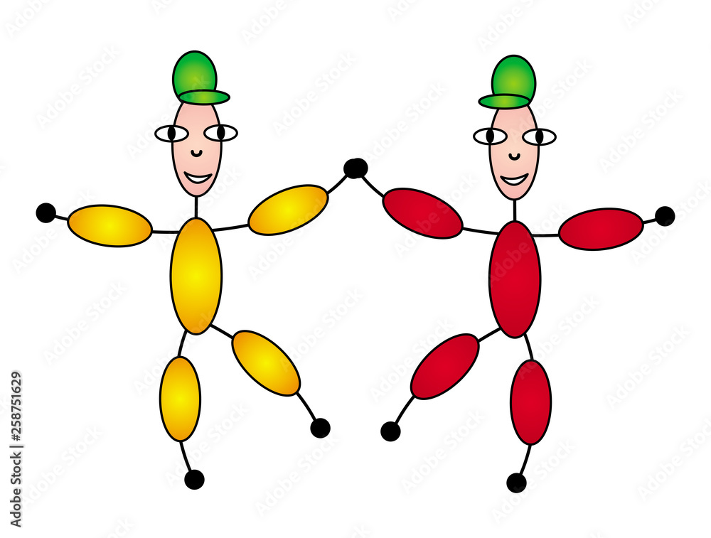 Two cartoon funny little people dancing holding hands. Symbol abstract  drawing. Vector graphics. Stock Vector | Adobe Stock