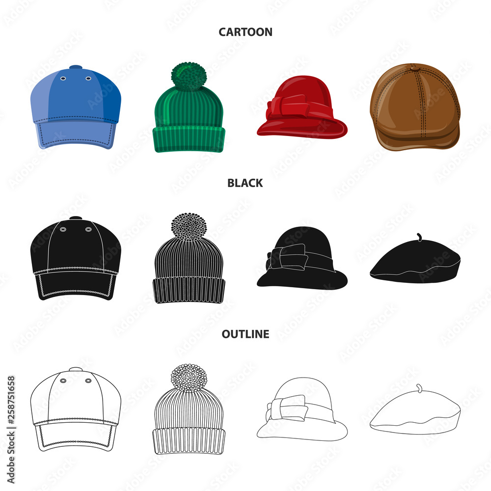 Isolated object of headgear and cap sign. Collection of headgear and accessory stock symbol for web. Isolated object of headgear and cap sign. Collection of headgear and accessory stock symbol for web.