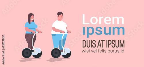 fat overweight couple riding electrical self balancing scooter obese man woman on electric gyroscooter weight loss concept full length flat copy space horizontal