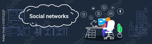 woman using computer application online social media networks communication concept girl sitting at workplace desk web site surfing internet community sketch horizontal banner