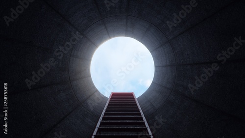 Tableau sur toile Climbing the stairs of a dark well. Inside the hole.