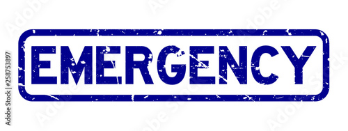 Grunge blue emergency word square rubber seal stamp on white background