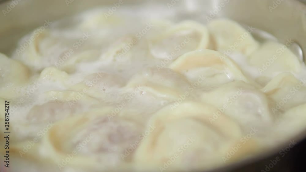 Boiling dumplings. Hot water with traditional dish of Russian cuisine. Boiling dumplings. Hot water with traditional dish of Russian cuisine.
