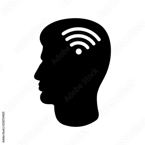 Line icon of man's head and signal. Concept of programmed thinking, control or online connection. Vector Illustration