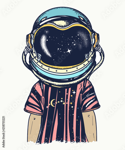 Boy in astronaut helmet. Childhood dreams of future