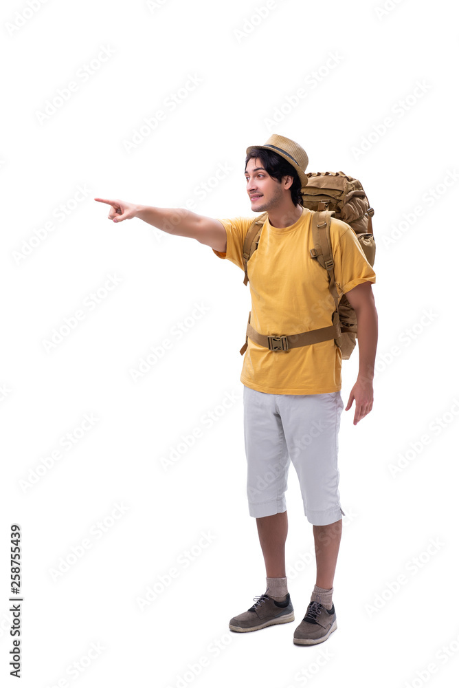 Young handsome tourist isolated on white 