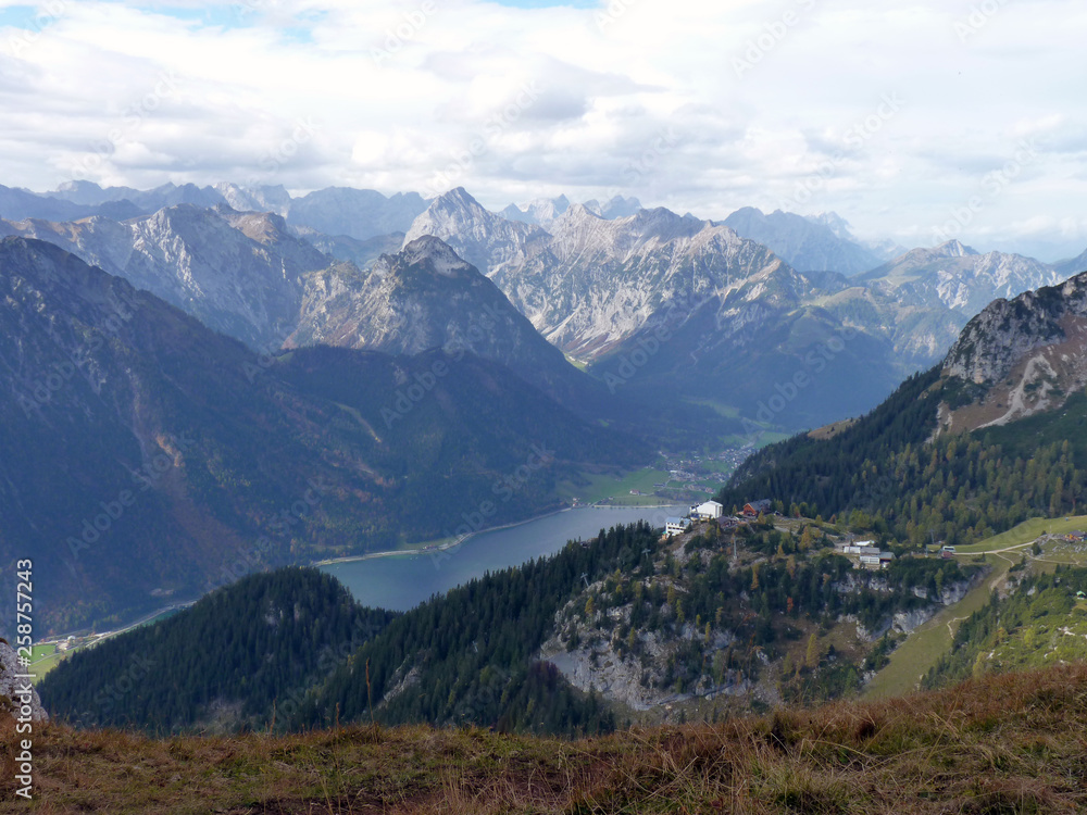 Fototapeta premium Top mountain view to the lake and river