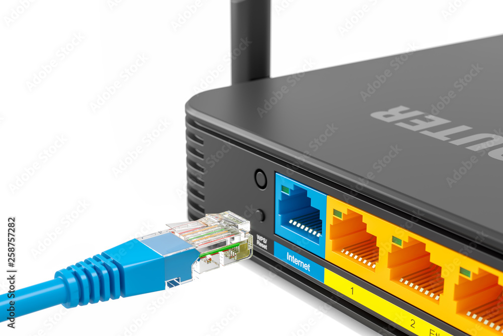 LAN connector plugging in LAN port internet wireless router back side panel  3d Stock-Illustration | Adobe Stock
