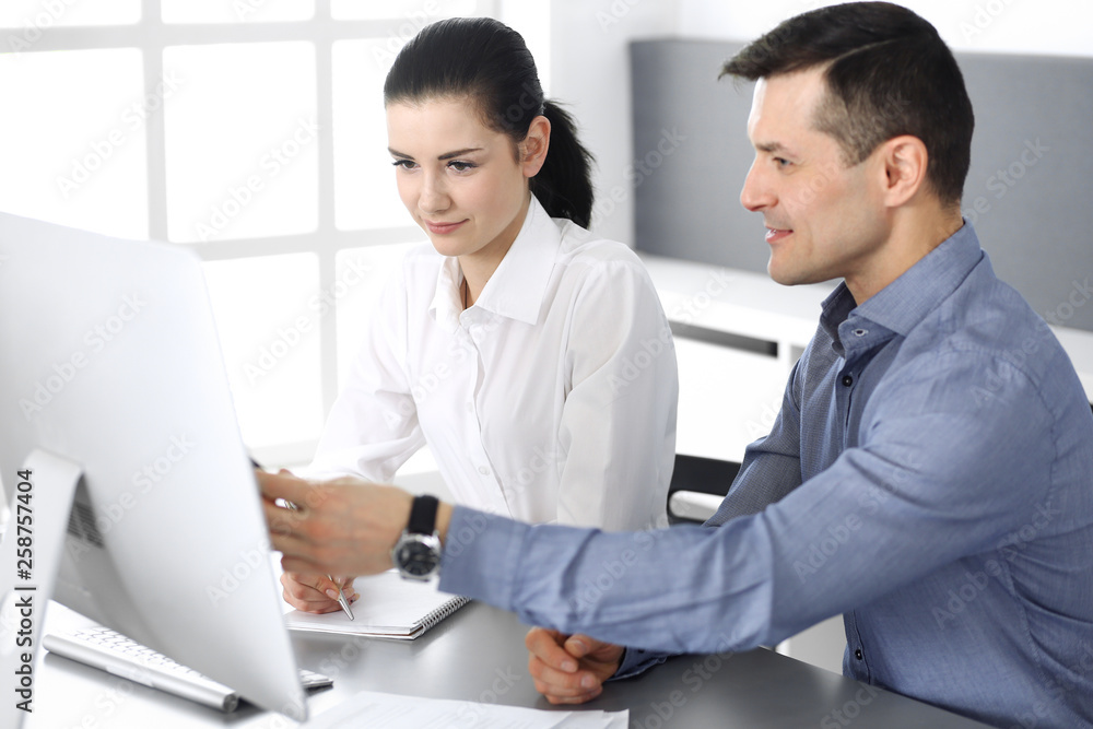 Cheerful smiling businessman and woman working with computer in modern office. Headshot at meeting or workplace. Teamwork, partnership and business concept Cheerful smiling businessman and woman working with computer in modern office. Headshot at meeting or workplace. Teamwork, partnership and business concept