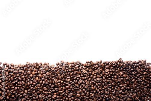 Stripe of coffee beans isolated on white background with copy space for text. Can be used by designers and advertisers
