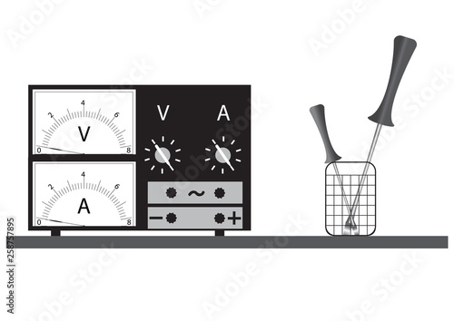 Tools for repair of radio equipment, for performance of works on electrical engineering - power unit, ammeter, voltmeter, soldering iron, screwdriver.