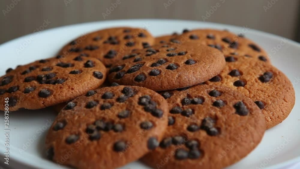 Cookies with chocolate. Rotates. Side view. Sweet dessert. Cookies with chocolate. Rotates. Side view. Sweet dessert.