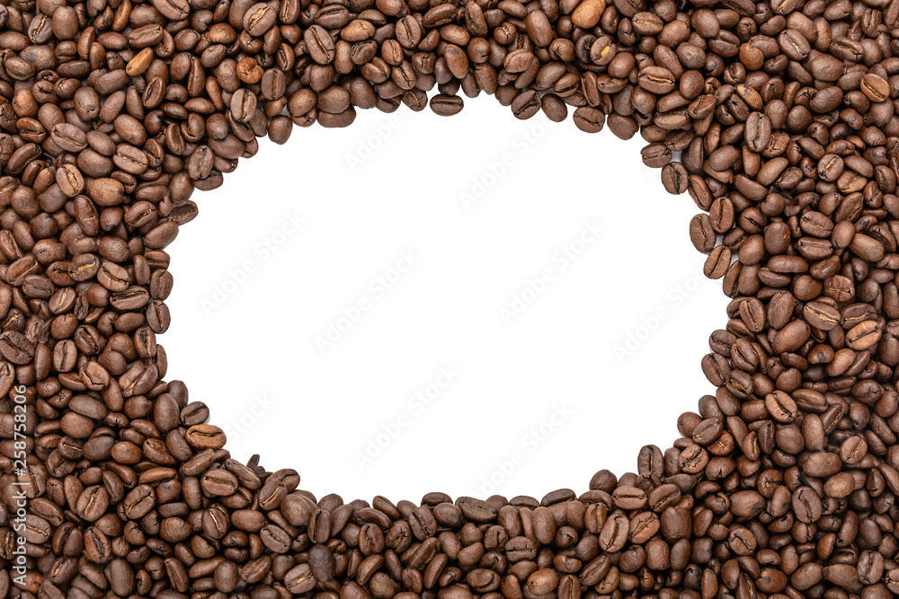 Oval frame of coffee beans - copy space for text. Roasted c offee beans background. Oval frame of coffee beans - copy space for text. Roasted c offee beans background.