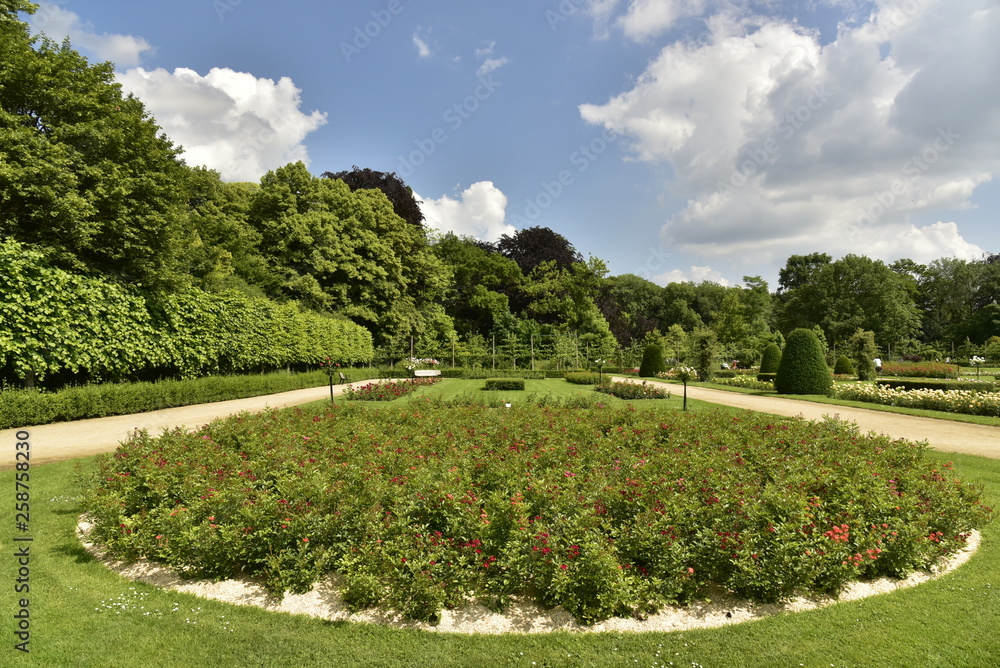 Parterres de roses circulaire à la grande roseraie du domaine provincial de Vrijbroekpark à Malines