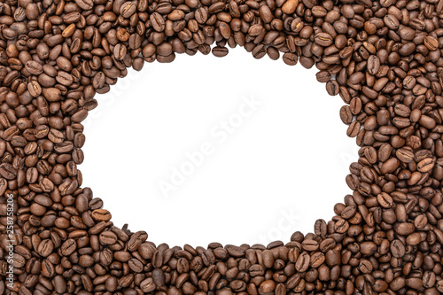 Oval frame of coffee beans - copy space for text. Roasted c offee beans background.