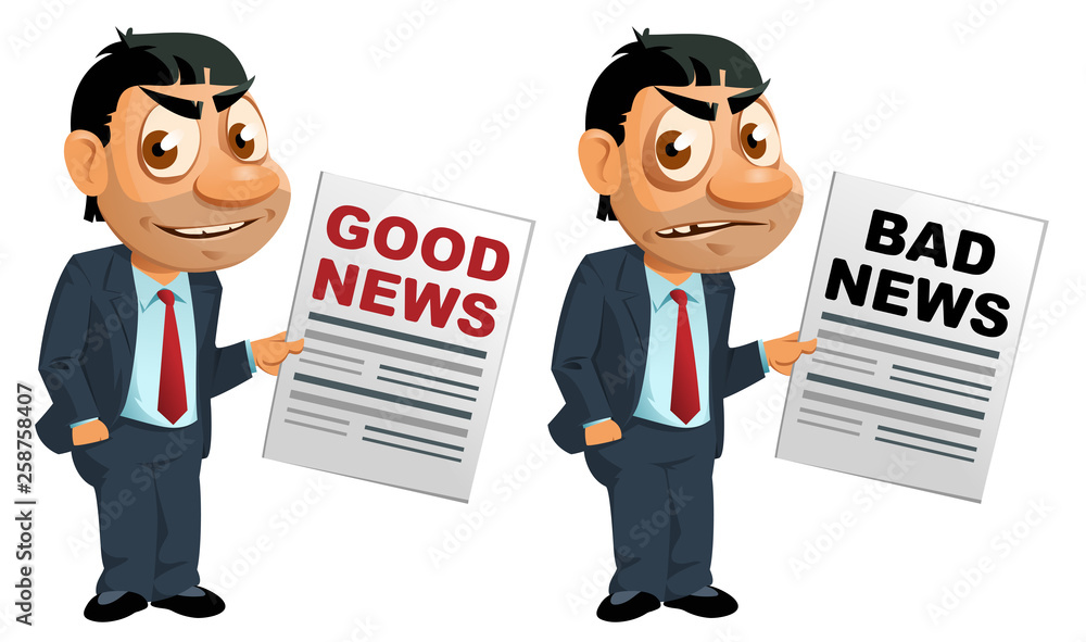 Funny businessman with good news and bad news Funny businessman with good news and bad news