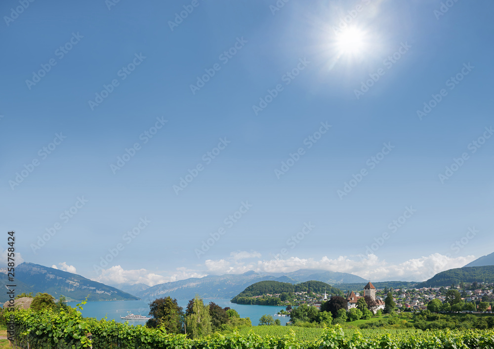 Idyllische Landschaft in Spiez am Thunersee, Hintergrund mit Freifläche