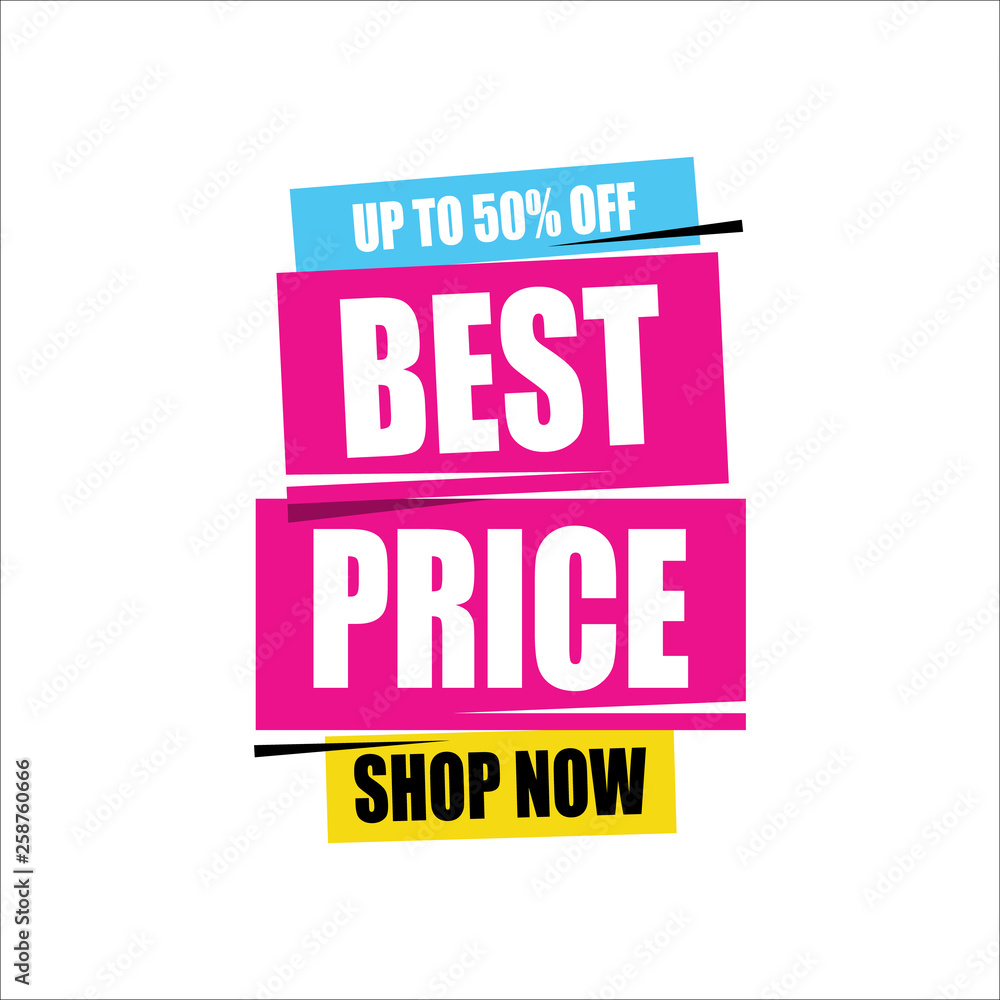 Best Price 50 percent Off Shop Now Advertisement Label up to 50 percent off sign banner. - obrazy, fototapety, plakaty 