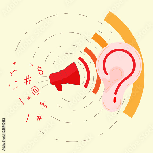 Listening to problem concept. Pay attention to complainer metaphor. Respond to complaint. Symbol of help center. Vector illustration concept outline flat design style.