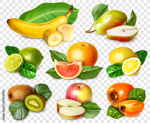 Eight fruits in realistic style with leaves