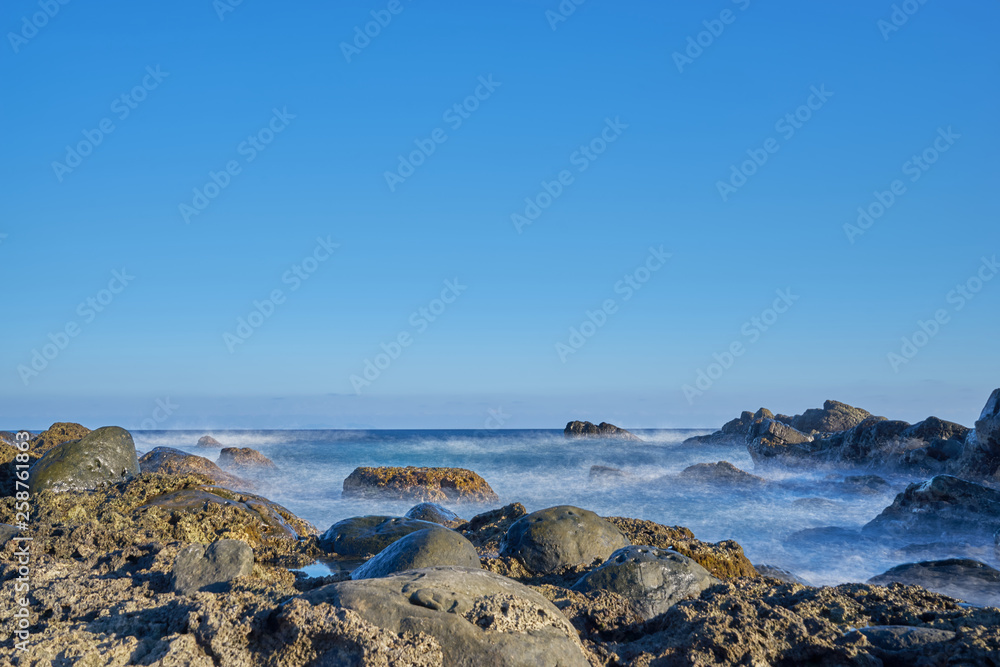 Beautiful scenic of Xiaoyeliu beach with the unique sandstone and volcanic rock formations in Taitung city, Taiwan.