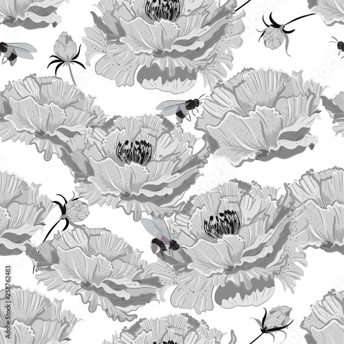 Monotone on grey Vector seamless pattern. hand drawn graphic style. Vintage. Illustration of beautiful flowers oriental mood Blooming light grey peony flower and bees  background. design for photo