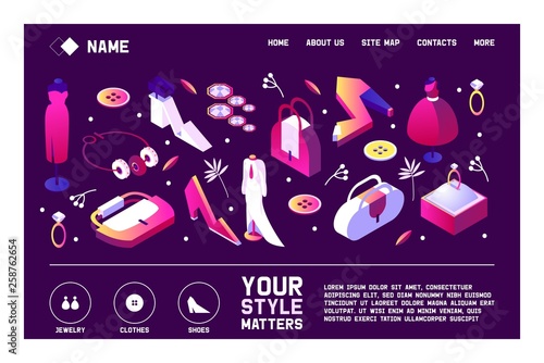 Fashion isometric banner with various beauty woman accessories and clothes, shoes and jewelry. Elegant and classic wardrobe or dressing room concept or template for landing page