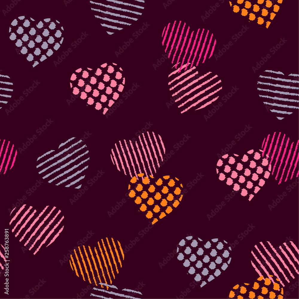 Colorful Pattern fill in the heart shape with stripe ,polka dots in hand painting brush for valentines,design for fashion,fabric,web,walppaper and all prints Colorful Pattern fill in the heart shape with stripe ,polka dots in hand painting brush for valentines,design for fashion,fabric,web,walppaper and all prints