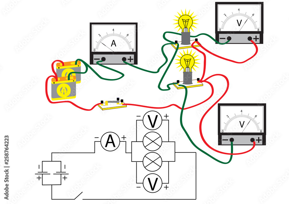 An electrical circuit consisting of parallel connected consumers, voltmeters for measuring the