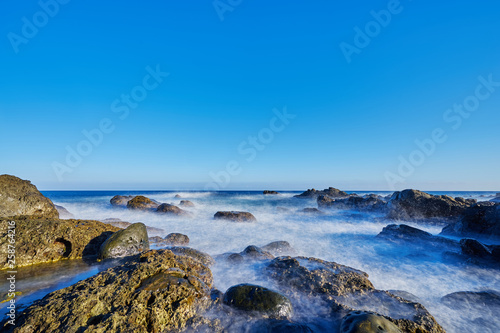 Beautiful scenic of Xiaoyeliu beach with the unique sandstone and volcanic rock formations in Taitung city, Taiwan.