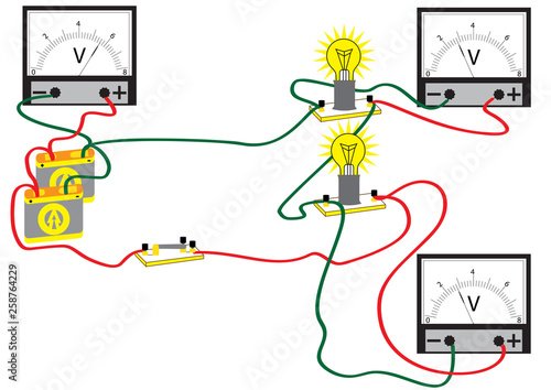 An electrical circuit consisting of consecutively connected electric power consumers, voltmeters for measuring the voltage at different sections of the circuit.