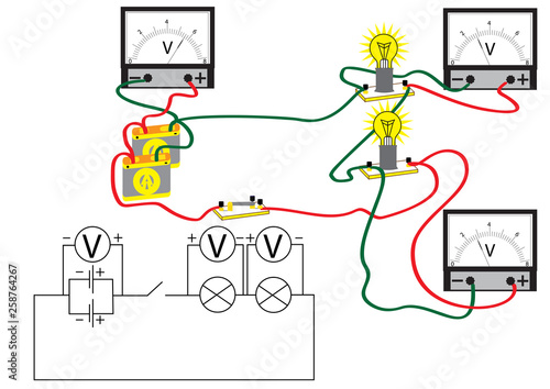 An electrical circuit consisting of consecutively connected electric power consumers, voltmeters for measuring the voltage at different sections of the circuit.
