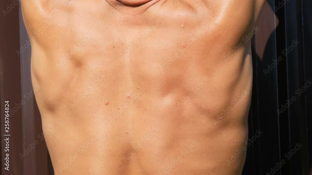 The muscles of the back of a sexy, sunburnt pumped up young worker. Sweat on back, bare torso The muscles of the back of a sexy, sunburnt pumped up young worker. Sweat on back, bare torso