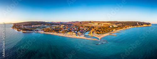 Aerial panoramic view of small village resort for tourism and vacation on black sea