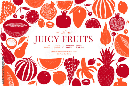 Scandinavian hand drawn fruit design template. Monochrome graphic. Fruits background. Linocut style. Healthy food. Vector illustration
